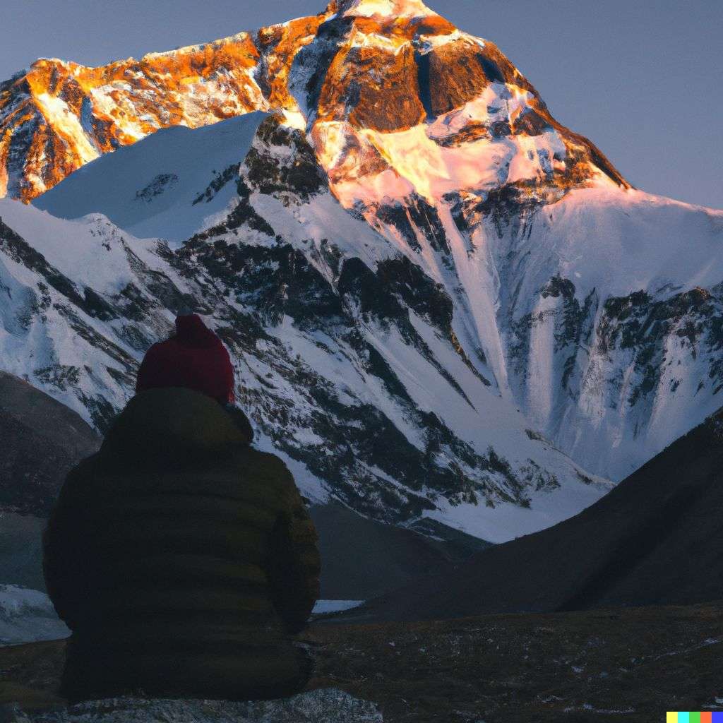 someone gazing at Mount Everest, photograph, golden hour lighting